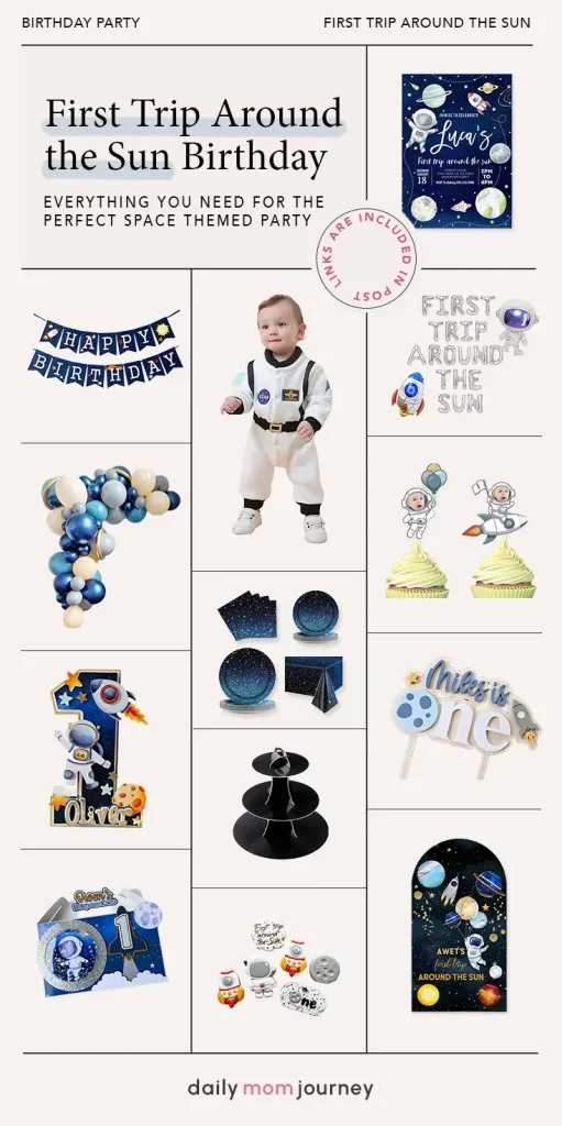 A curated selection of first trip around the sun birthday decorations, featuring banners, outfits, invitations, balloon garlands, themed cupcakes, cake toppers, and favor boxes for a space-themed celebration.