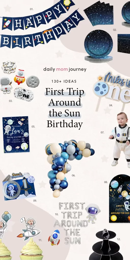 A collage of space-themed decorations for a first trip around the sun birthday, featuring a banner, balloons, milestone board, astronaut costume, and cake toppers for an outer space celebration.