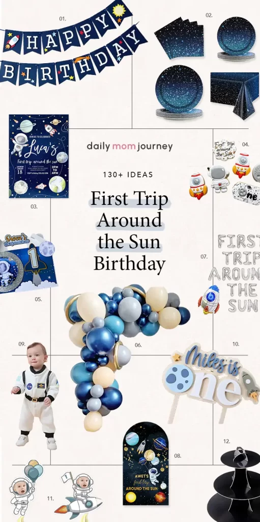 A collection of first trip around the sun birthday supplies, featuring banners, plates, invitations, astronaut outfits, balloon garlands, cake toppers, and favor ideas for a space-themed celebration.