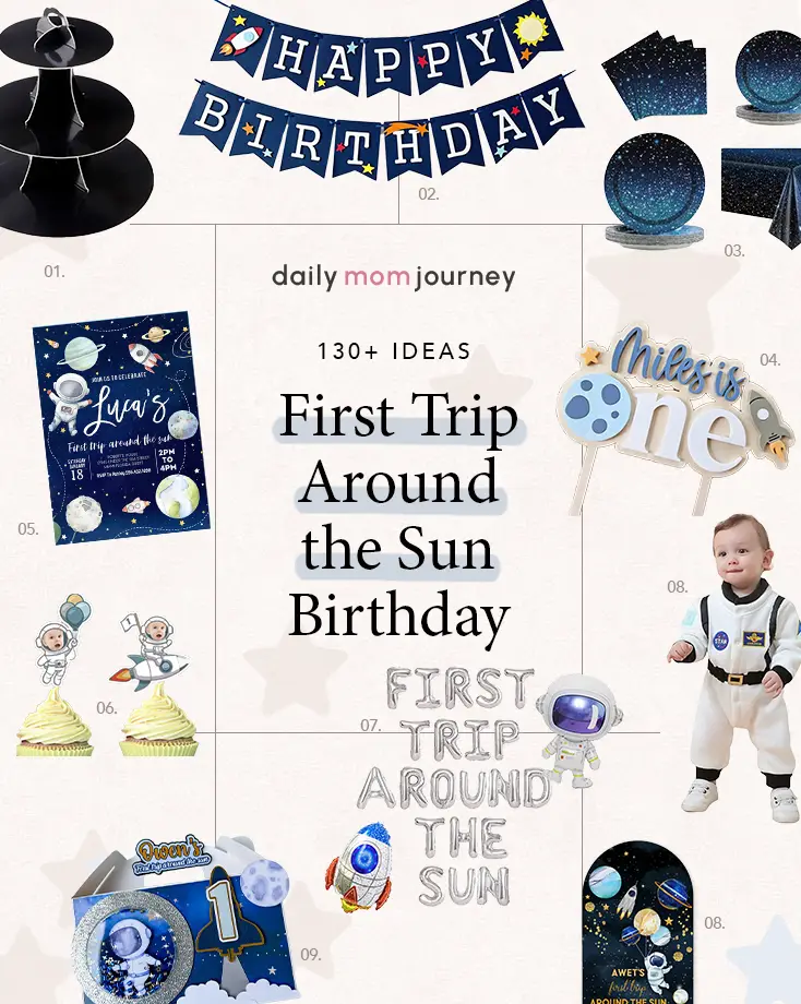 A detailed display of must-have decorations and ideas for a first trip around the sun birthday, including banners, outfits, invitations, balloon setups, and space-themed cupcakes.