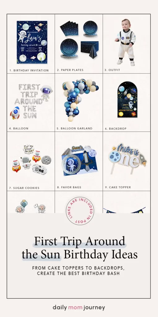 A detailed breakdown of first trip around the sun birthday essentials, featuring invitations, paper plates, balloon garlands, space-themed outfits, cake toppers, and favor bags for a cosmic celebration.