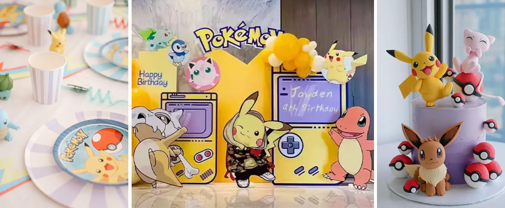 Pokemon birthday party setup featuring themed tableware, a customized photo backdrop with Pikachu and Charmander, and a Pokemon cake topped with Eevee, Pikachu, and Pokeballs.