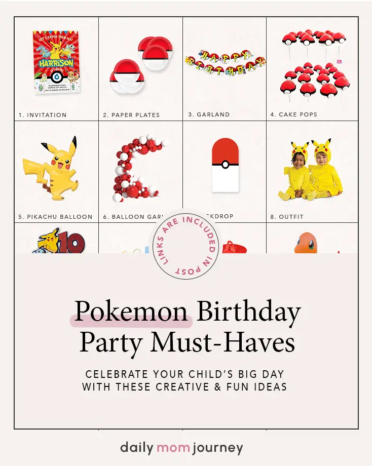 A collection of must-have Pokémon birthday party decorations, featuring invitations, paper plates, balloons, garlands, and cake toppers for a festive celebration.