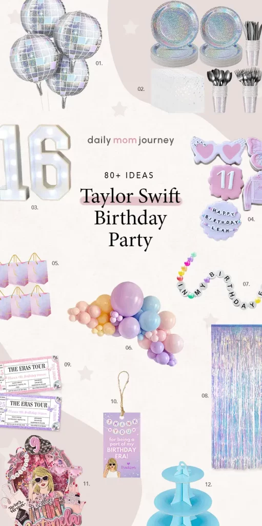 Taylor Swift birthday party setup featuring Eras Tour-inspired decorations, including balloons, plates, and personalized party favors for a fun and stylish celebration.