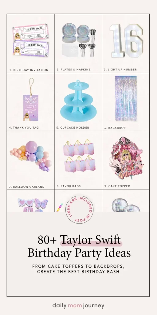 Taylor Swift Eras Tour birthday party essentials, from invitations and decor to cake toppers and balloon garlands for a perfect Swiftie celebration.