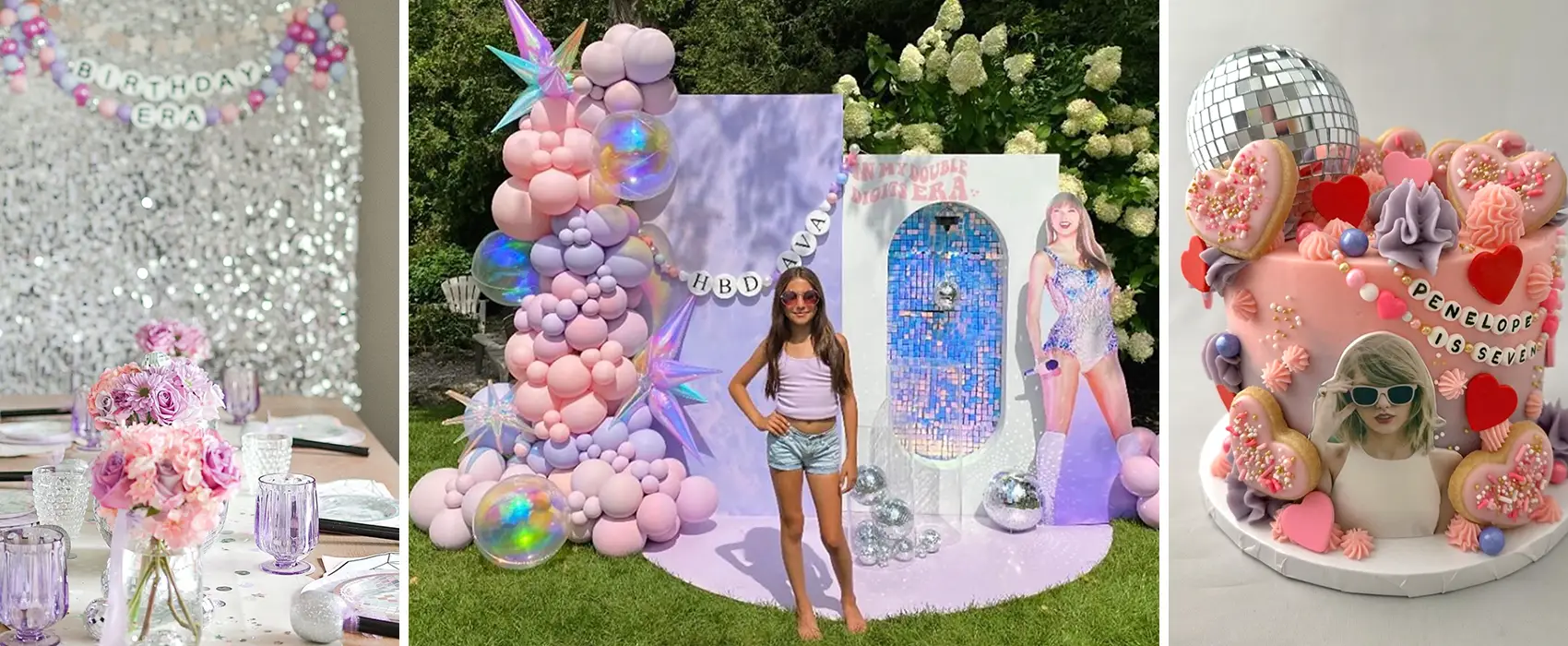 A vibrant Taylor Swift birthday party setup featuring a pastel-themed balloon arch, a sequin backdrop with the words "Birthday Era," a cutout of Taylor Swift in a glittery outfit, and a fun, Taylor-themed cake decorated with a disco ball, hearts, and cookies for a Swiftie celebration.