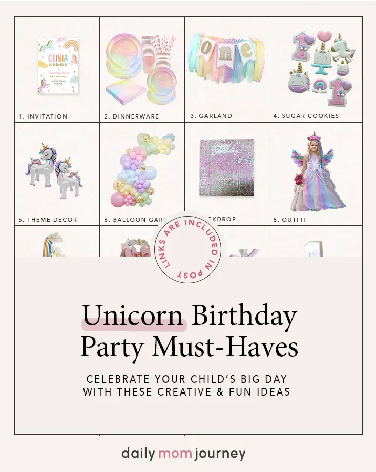 A collection of unicorn birthday party must-haves featuring invitations, dinnerware, garlands, cookies, outfits, and balloon decor.