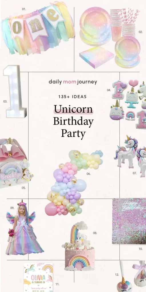 An infographic featuring over 135 unicorn birthday party ideas, including cake toppers, outfits, backdrops, and themed decor.
