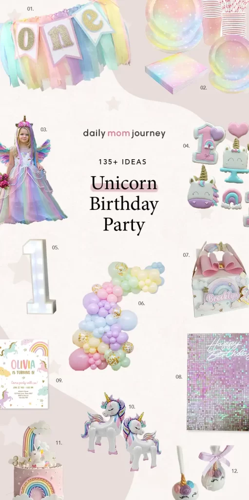 Collage of unicorn-themed birthday party items such as cakes, balloons, costumes, and favor bags for a magical celebration.