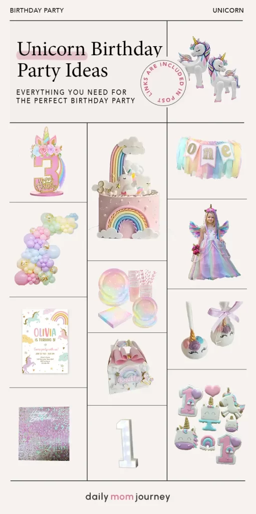 A layout of unicorn-themed birthday party essentials, including cake, decorations, and party favors.