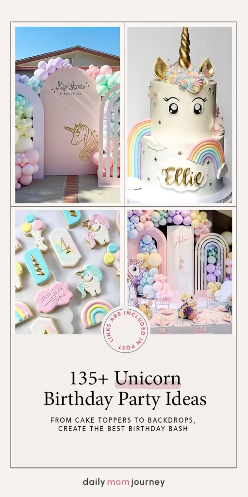 A collage of unicorn birthday party themes, including rainbow balloons, unicorn cake, and colorful cookies.
