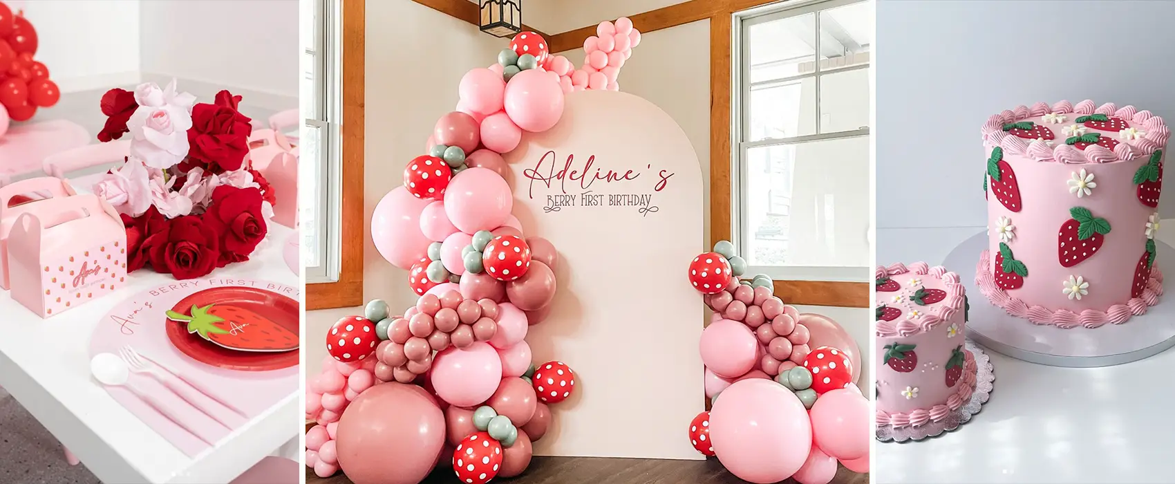 Berry First Birthday party setup featuring a strawberry-themed table with custom pink invitations, a balloon-filled backdrop, and a beautifully decorated pink cake with strawberry accents for a First Sweet Birthday celebration.