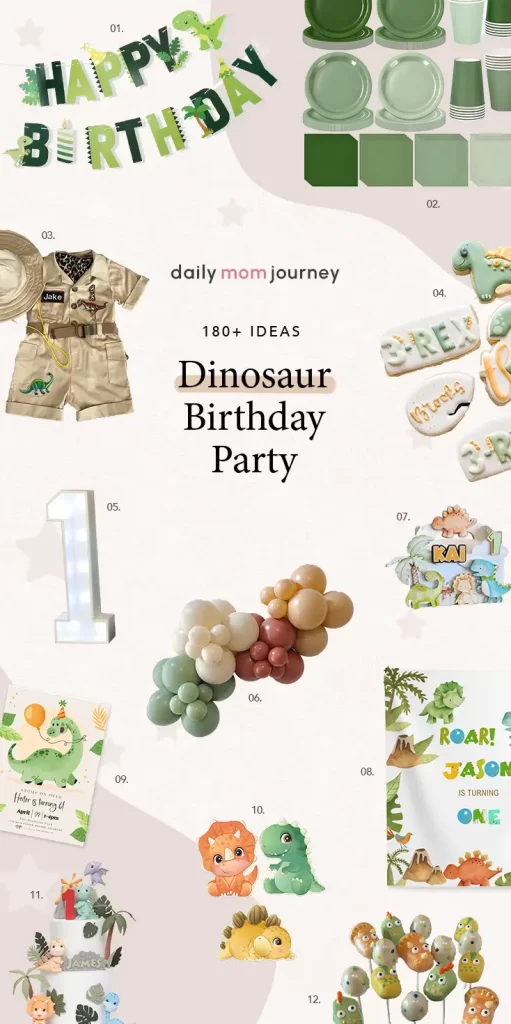 Fun and creative dinosaur birthday party decorations featuring jungle-themed birthday banner, green tableware, dinosaur-themed sugar cookies, dinosaur figurines, and balloon garland for an adventurous celebration.