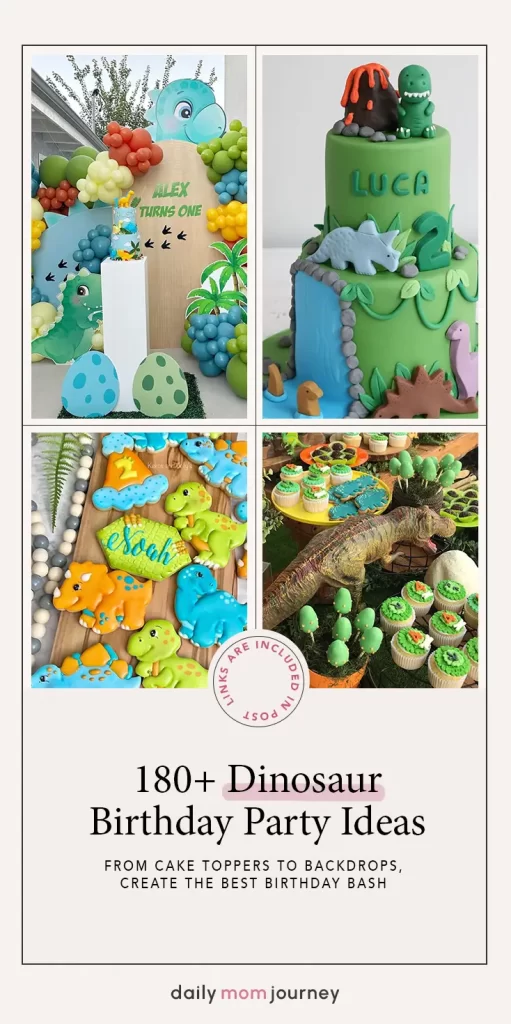 Collage of dinosaur birthday party ideas including themed cakes, cookies, balloons, and dinosaur decorations. Perfect inspiration for creating a fun and colorful dinosaur-themed birthday celebration for kids.