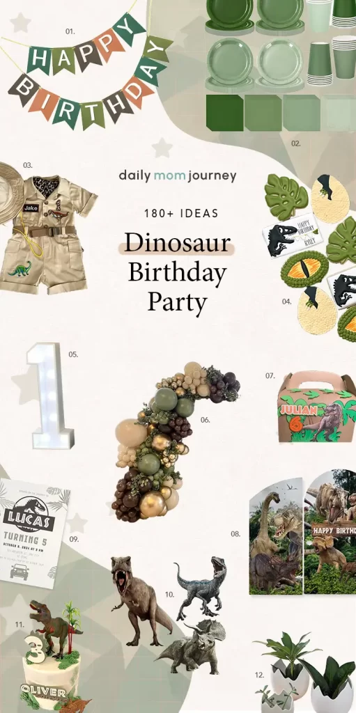 Comprehensive dinosaur birthday party inspiration with over 180 ideas, featuring green dinnerware, jungle-themed balloons, dinosaur figurines, party outfits, and cake toppers for a Jurassic-themed celebration.