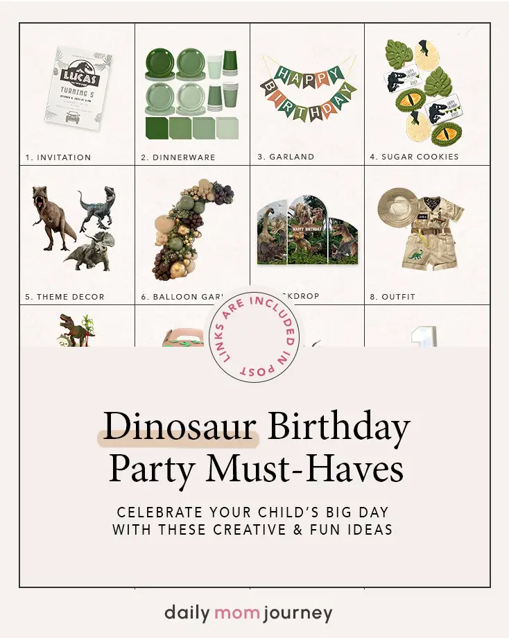 Comprehensive guide to dinosaur birthday party must-haves, featuring invitations, green-themed dinnerware, dinosaur cookies, themed outfits, decor, and a festive balloon garland for a memorable celebration.