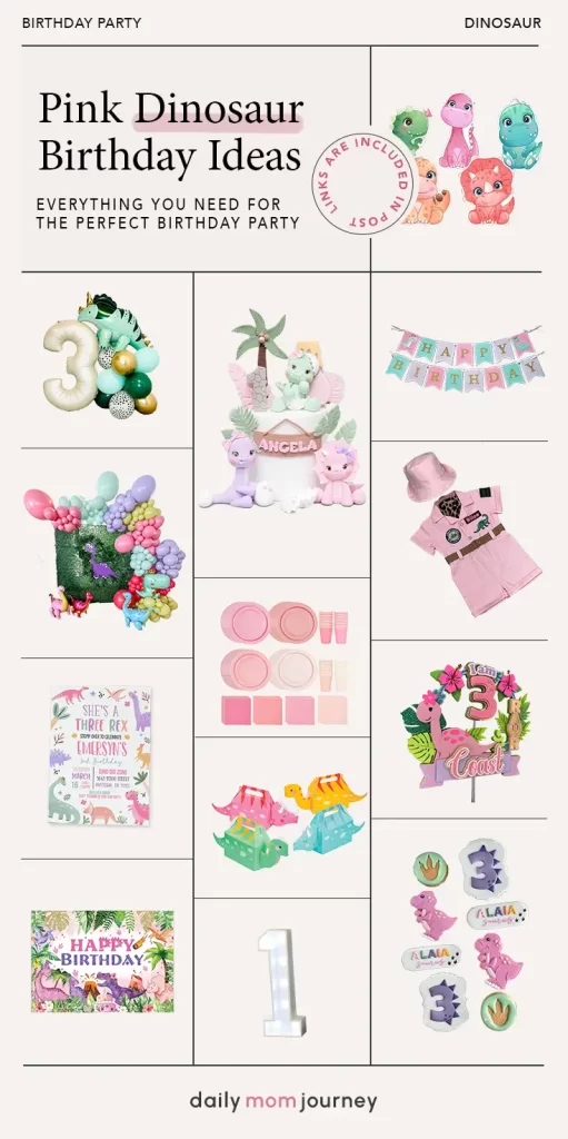 Collection of pink dinosaur birthday party ideas, featuring decorations, cute outfits, balloons, and themed cake toppers. Perfect inspiration for a whimsical and fun pink dinosaur-themed celebration for kids.