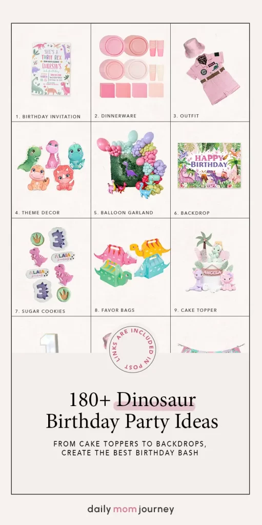 Pink dinosaur birthday party inspiration with over 180 ideas, showcasing decorations like pastel dinnerware, dinosaur-themed outfits, balloon garlands, colorful backdrops, favor bags, and cute cake toppers for a vibrant and playful celebration.