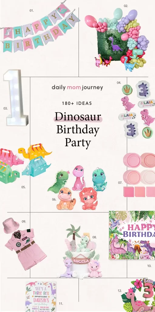 Collection of pink dinosaur birthday party ideas, including a festive birthday banner, colorful balloon garland, adorable dinosaur figurines, themed cake, and a pink explorer outfit for kids.