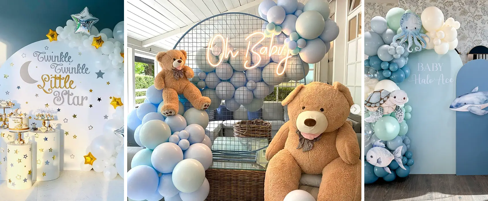 A stunning display of boy baby shower themes featuring "Twinkle Twinkle Little Star," teddy bear decor, and an ocean-inspired setup with pastel balloons and themed accents.