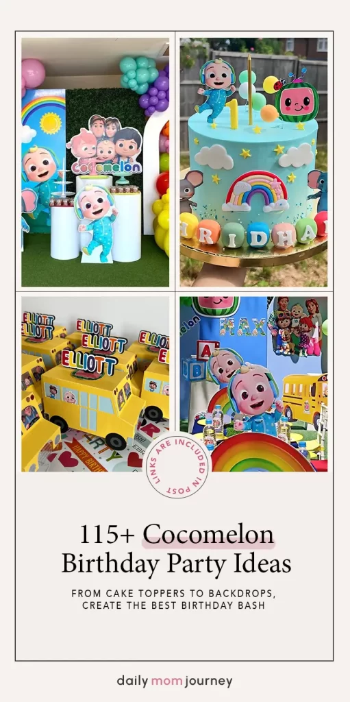 Collage of Cocomelon birthday party setups, including a themed cake, character cutouts, and colorful decorations, perfect for a fun-filled Cocomelon celebration.