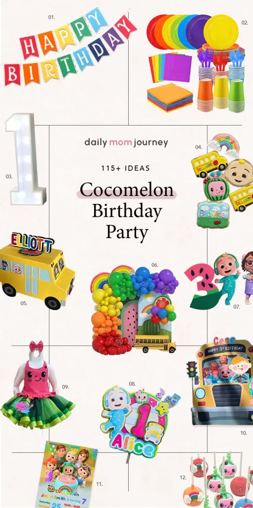 Colorful arrangement of Cocomelon birthday party supplies, featuring a Happy Birthday banner, vibrant dinnerware, and fun decorations to create a lively Cocomelon theme.