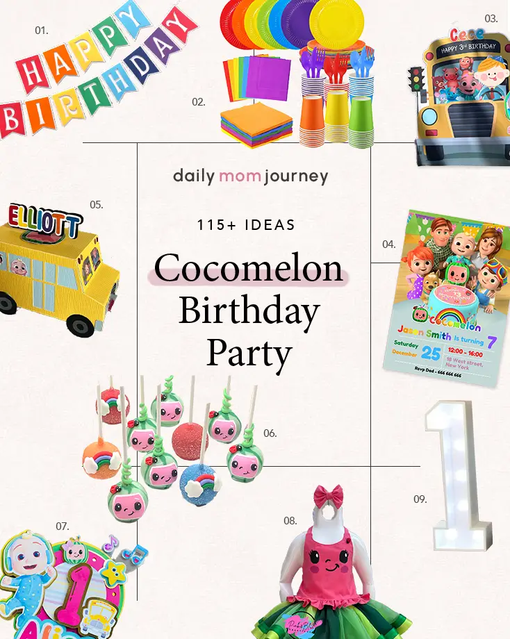 Stylish setup for a Cocomelon birthday party, featuring character banners, bright balloons, and themed decorations for a memorable celebration.