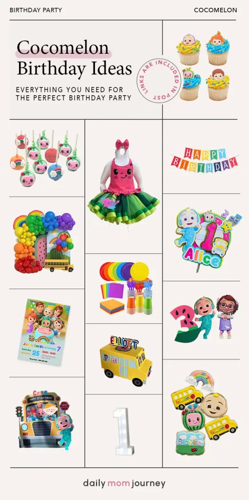 Selection of Cocomelon birthday decorations, including themed outfits, colorful garlands, and character props to enhance any Cocomelon-themed event.