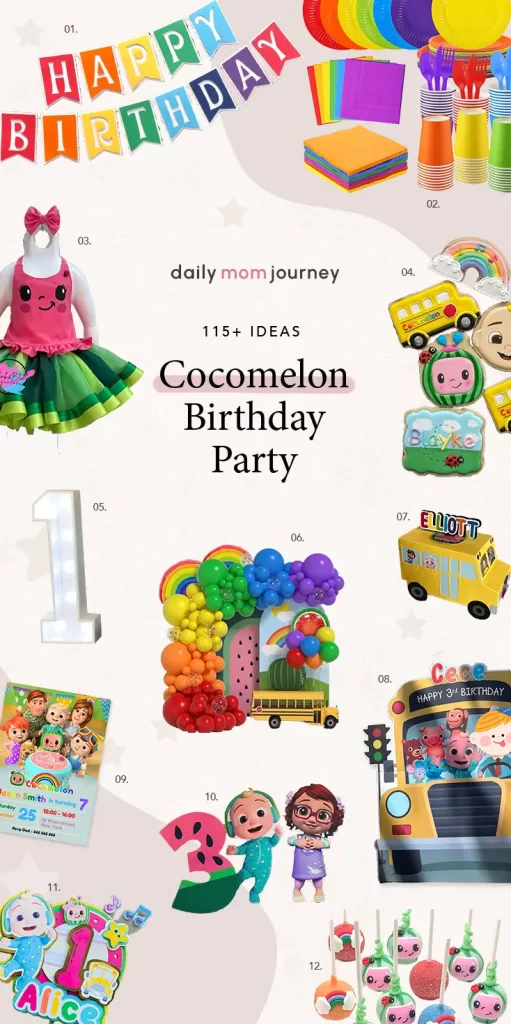 Collection of fun Cocomelon birthday items like character cake toppers, party favors, and themed invitations, perfect for planning a lively Cocomelon birthday celebration.