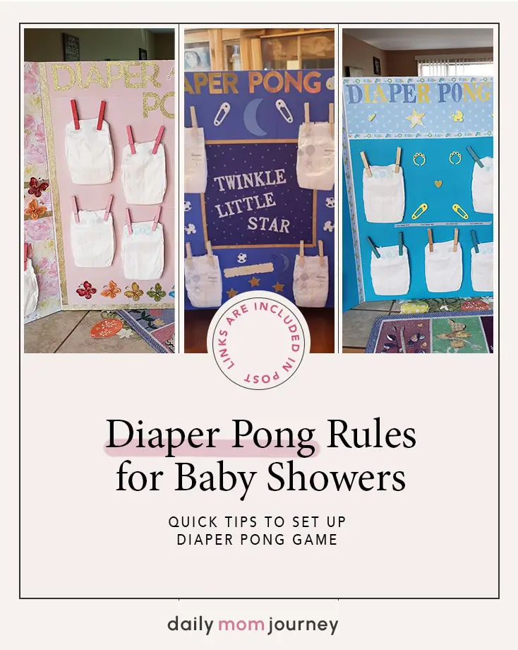 A display of diaper pong game boards featuring floral, blue-themed, and starry designs, perfect for a fun and interactive baby shower game.