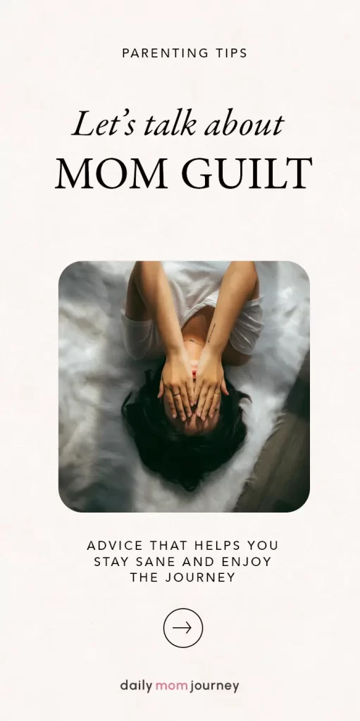 A mother lying down with hands over her face, symbolizing the weight of mom guilt, accompanied by advice to navigate the challenges of parenting.