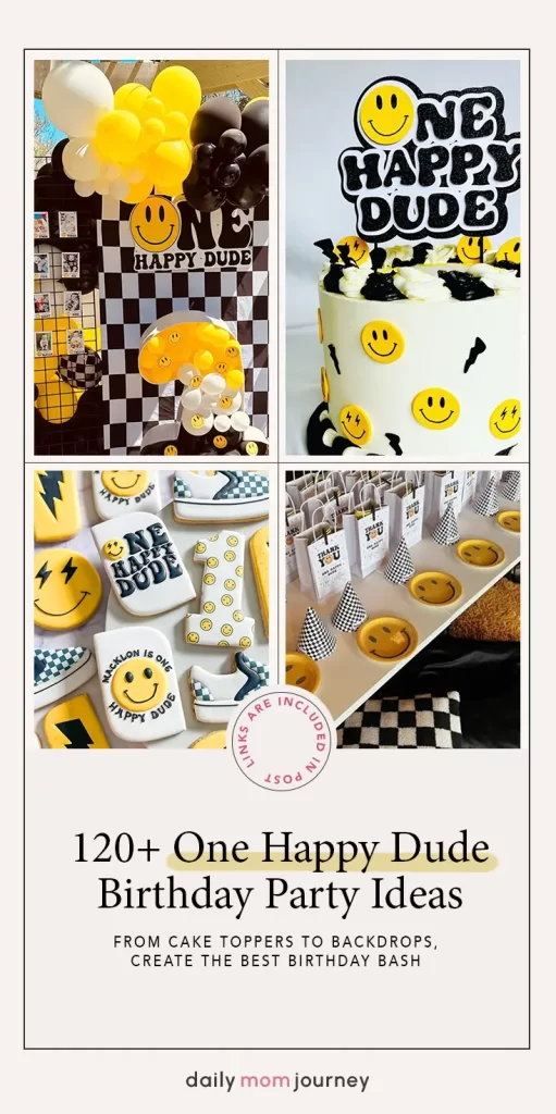 Collage of decor ideas for a One Happy Dude birthday party, featuring cake toppers, backdrops, smiley-themed cookies, and yellow and black balloons.