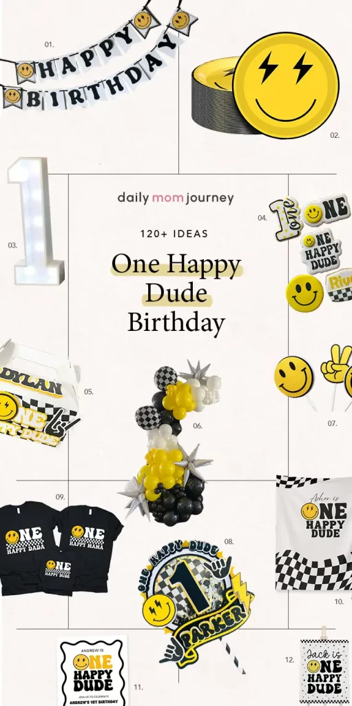 Compilation of creative ideas for a One Happy Dude birthday party, including a Happy Birthday banner, smiley face plates, and themed decor with black and yellow accents.