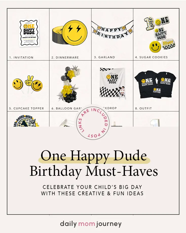 Essential items for a One Happy Dude birthday celebration, with highlights like a birthday invitation, dinnerware, balloon garland, and themed outfits.