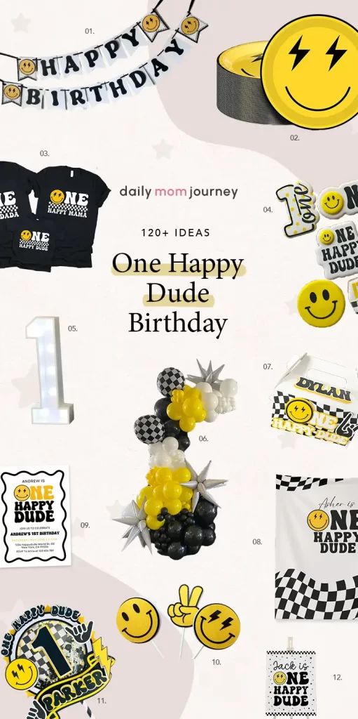 Extensive list of One Happy Dude birthday party ideas, with focus on decor items like banners, plates, outfits, and balloons in a playful black and yellow theme.