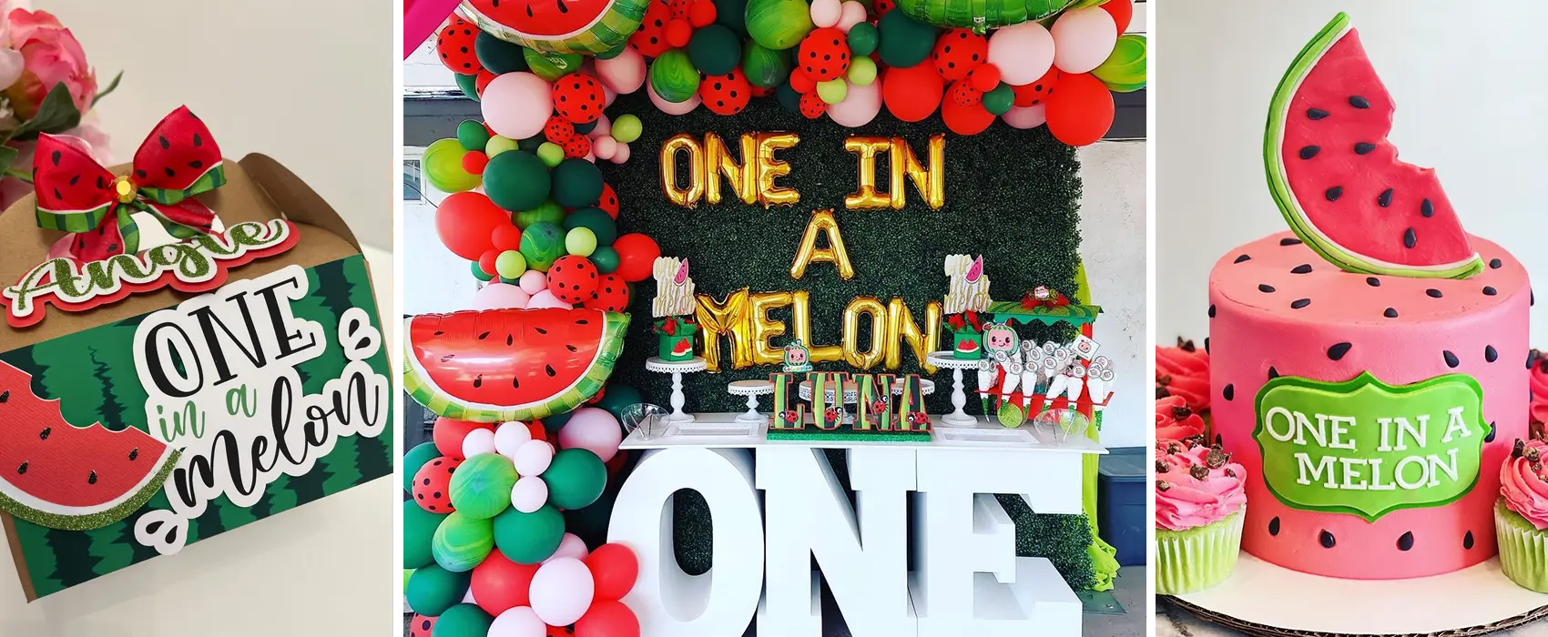 Watermelon-themed 'One in a Melon' birthday party setup with balloon garland, themed cake, and dessert table.