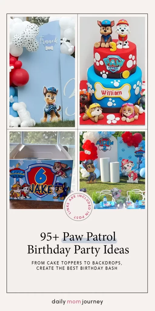 A collage showcasing Paw Patrol birthday party ideas, including a custom cake, themed backdrops, favor boxes, and table decorations for an exciting celebration.