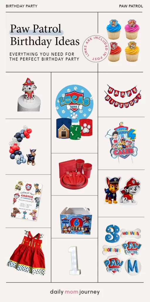 A collection of Paw Patrol birthday party ideas, featuring themed cupcakes, decorations, banners, favor boxes, and party supplies for a fun celebration.