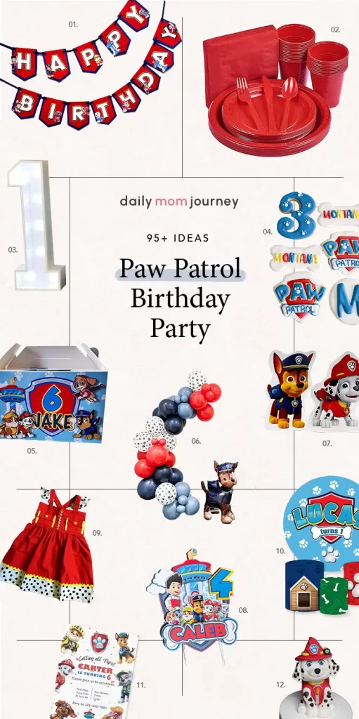 A variety of Paw Patrol birthday party essentials, including banners, plates, balloons, favor boxes, cake toppers, and invitations, perfect for a themed celebration.