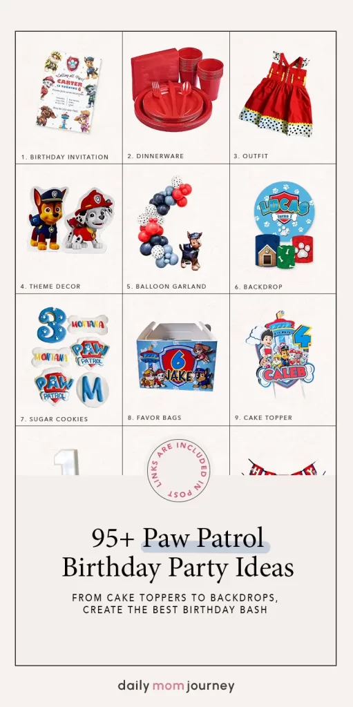 A selection of Paw Patrol birthday party essentials, featuring invitations, themed dinnerware, outfits, decor, balloon garlands, favor bags, backdrops, sugar cookies, and cake toppers.