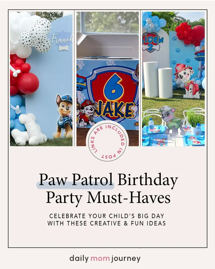 A collection of Paw Patrol birthday party essentials, including themed backdrops, favor boxes, table settings, and balloon decorations to celebrate your child’s big day.