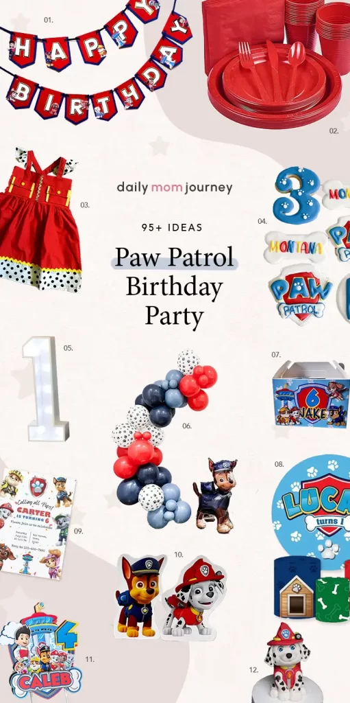 An assortment of Paw Patrol birthday party ideas, including banners, themed outfits, balloon garlands, sugar cookies, favor boxes, invitations, and cake toppers to inspire your celebration.