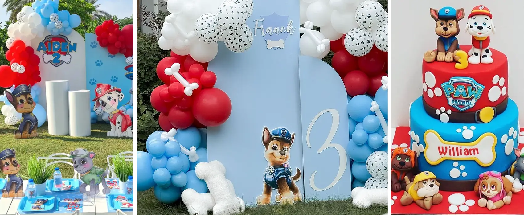 A colorful Paw Patrol birthday party setup featuring balloon decorations, themed backdrops, character cutouts, and a layered Paw Patrol cake with Chase, Marshall, and other characters.