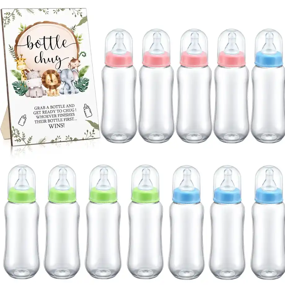 A set of colorful baby bottles with a "Bottle Chug" sign, perfect for entertaining guests during baby shower games.