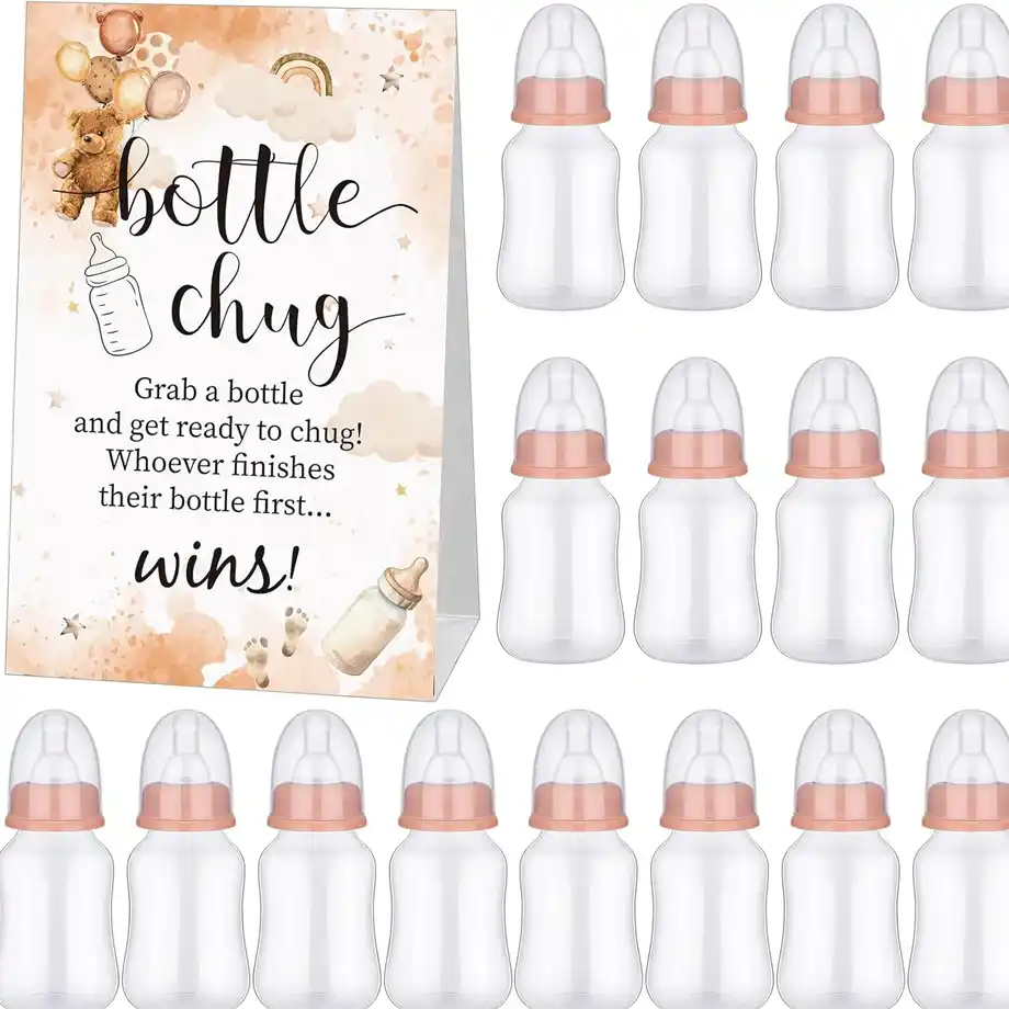 Neutral-themed baby bottles and a decorative sign for a fun "Bottle Chug" game at baby showers.