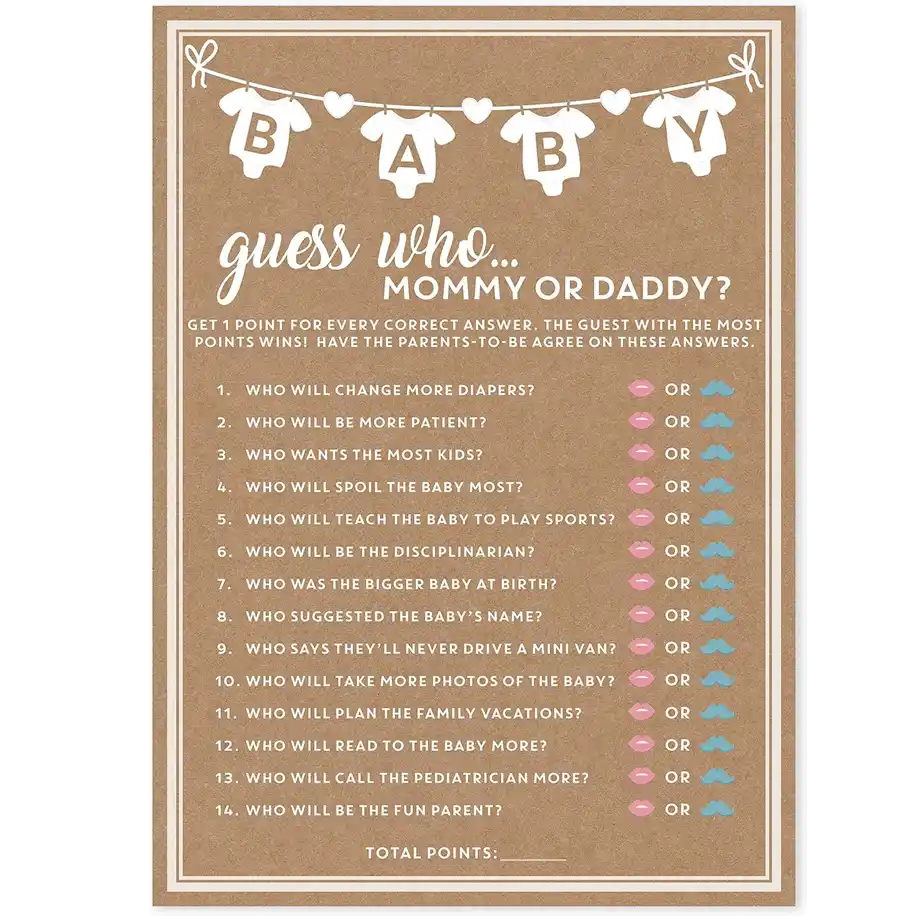 A rustic-themed "Guess Who: Mommy or Daddy?" game card with hilarious questions for interactive baby shower games.