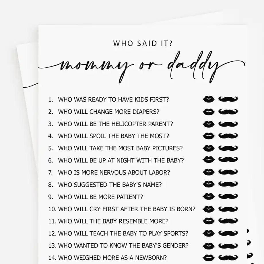 Stylish "Who Said It?" cards featuring fun questions about mommy and daddy for memorable baby shower games.