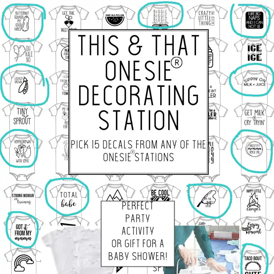 A creative onesie decorating station with fun decals, perfect for an engaging baby shower game and keepsake.