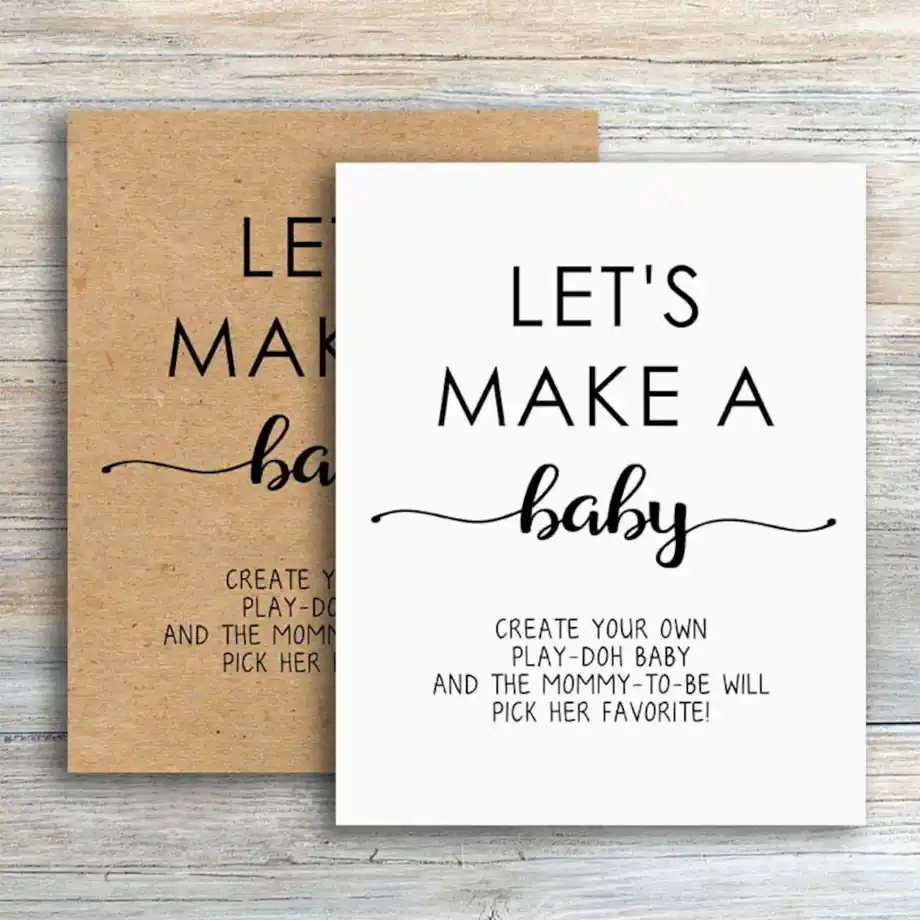 Playful "Let's Make a Baby" game cards inviting guests to create Play-Doh babies, adding fun to baby shower games.