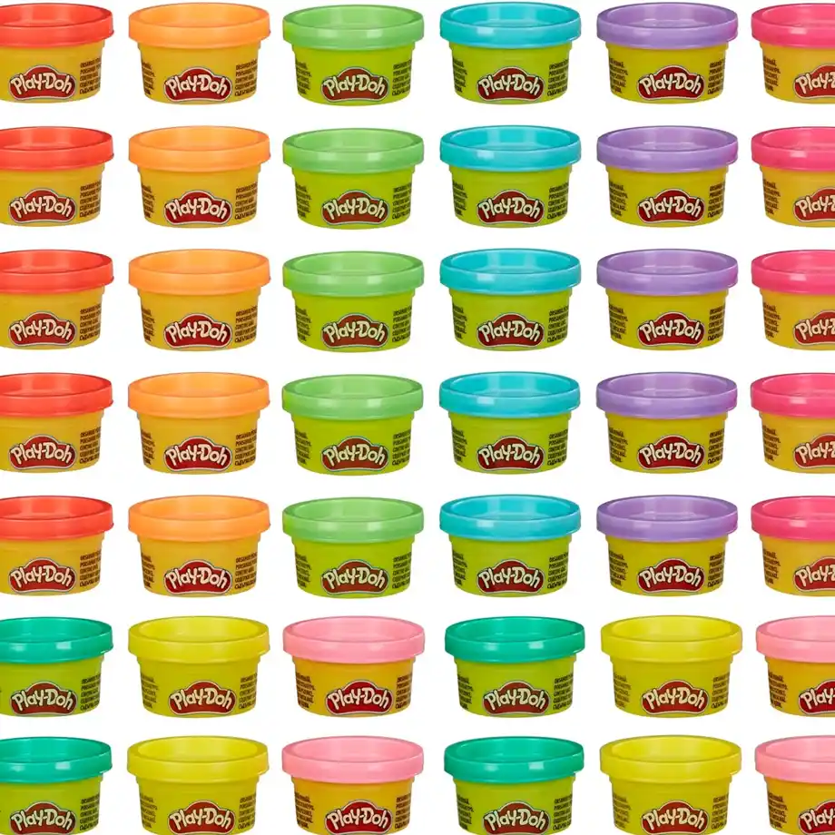 A colorful collection of Play-Doh tubs, perfect for creative games like "Let's Make a Baby" at baby showers.